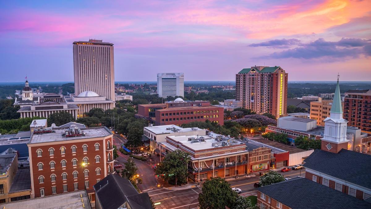 Tallahassee, Florida, USA downtown skyline from above at dusk.